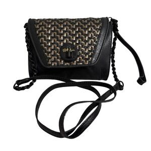 Elliott Lucca Crossbody Wristlet Bag Woven Black Gold Woven Flap Turn Lock